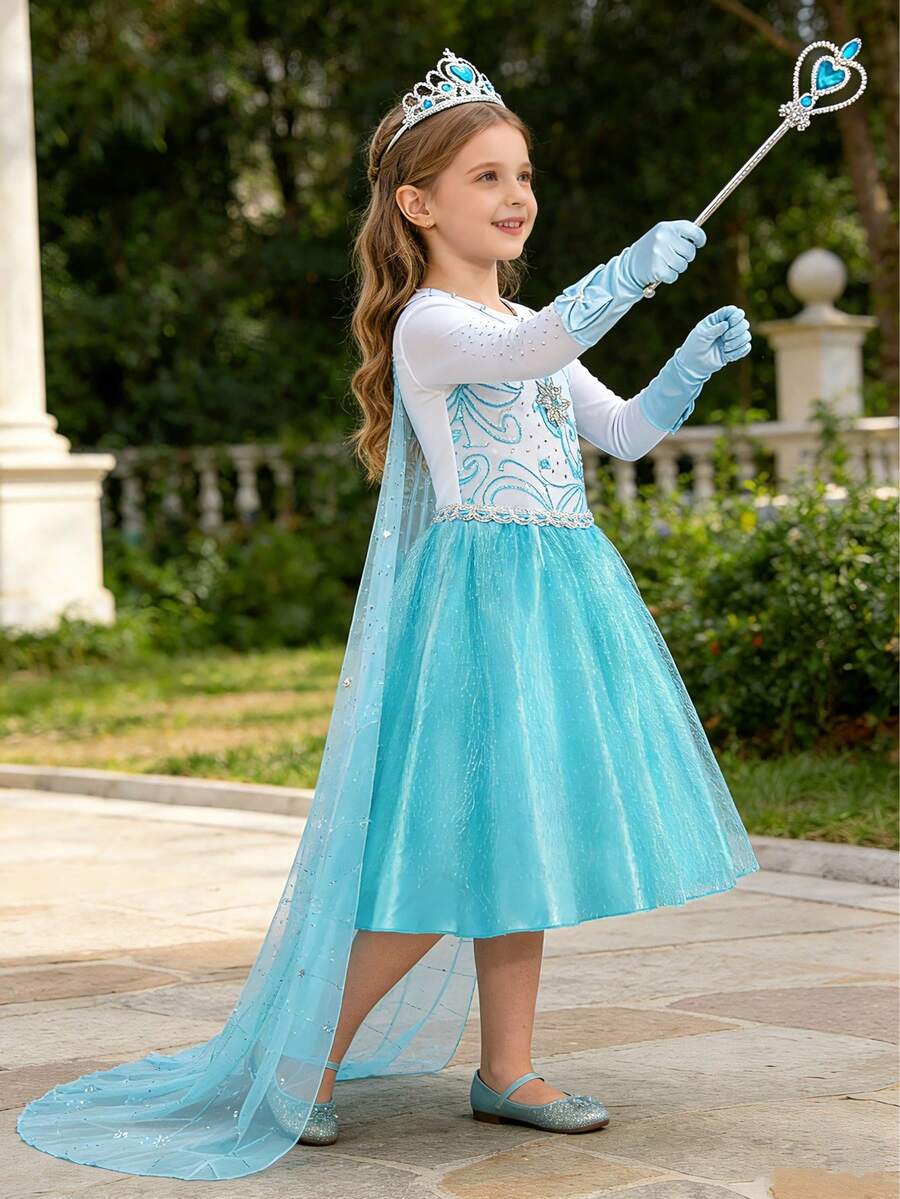 女童公主裙套装，包含网纱披风，儿童角色扮演服装，适合狂欢节、生日派对、节日礼物 - 藍色 - 查看 1