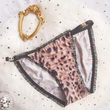European And American Leopard Print Ice Silk Panties For Women, Sexy Low-Waist Hollow Design With Metal Ring Buckle And Thin Straps, Black And White - 黑色 - 查看 9