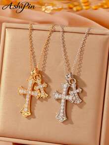 Luxury Sparkling Full Diamond Double Cross Copper Pendant, Stainless Steel Chain, Suitable For Daily Wear, Parties, Valentine's Day And Christmas. Copper Zirconia 18K Gold Cross Pendant Necklace, Ideal Gift For Mother/Partner/Best Friend/Friend, Suitable For Daily And Holiday Wear, And Praying. - Gold - View 2