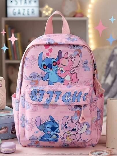 Disney Stitch And Angel Printed Backpack, Cute And Fashionable Light Purple Bag, "Lilo & Stitch" Pattern Backpack, Suitable For Teenagers And Adults, Fashionable Disney Themed Backpack, Lightweight Casual Daily Backpack, Adjustable Shoulder Straps, Adorable Cartoon Style Backpack.