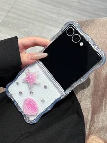 1pc Fashionable And Simple Wave Fine Glitter Gel Ocean Sea Star Shell Element Folding Phone Case, Can Protect And Prevent Falling For: SamsungGalaxy Zflip 3/Zflip 4/Zflip 5/Zflip 6/Zflip 7/Galaxy Z Flip7 FE - Clear - View 3