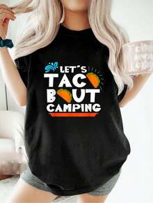Camiseta de acampada "Let's Taco Bout" del Cinco de Mayo, holgada, informal, deportiva, de verano, con cuello redondo y manga corta, para mujer - Negro - Ver 6