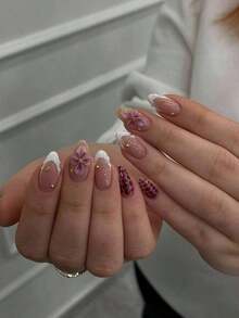 24pcs Almond-Shaped 3D Gel Nail Stickers, Floral Nail Art Design, French Tip Stickers, Pearl Decor, Perfect Fit Acrylic Nail Kit, Includes: 1pc Jelly Gel And 1pc Nail File, Bloominggelnails French Manicure, Suitable For Women's Daily Work, Festivals, Parties, Etc. Nail Supplies - 多色 2 - 查看 10