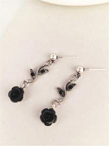 1 Pair Black Rose Flower & Leaf Design Earrings, Suitable For Women's Daily Wear - Black - View 6