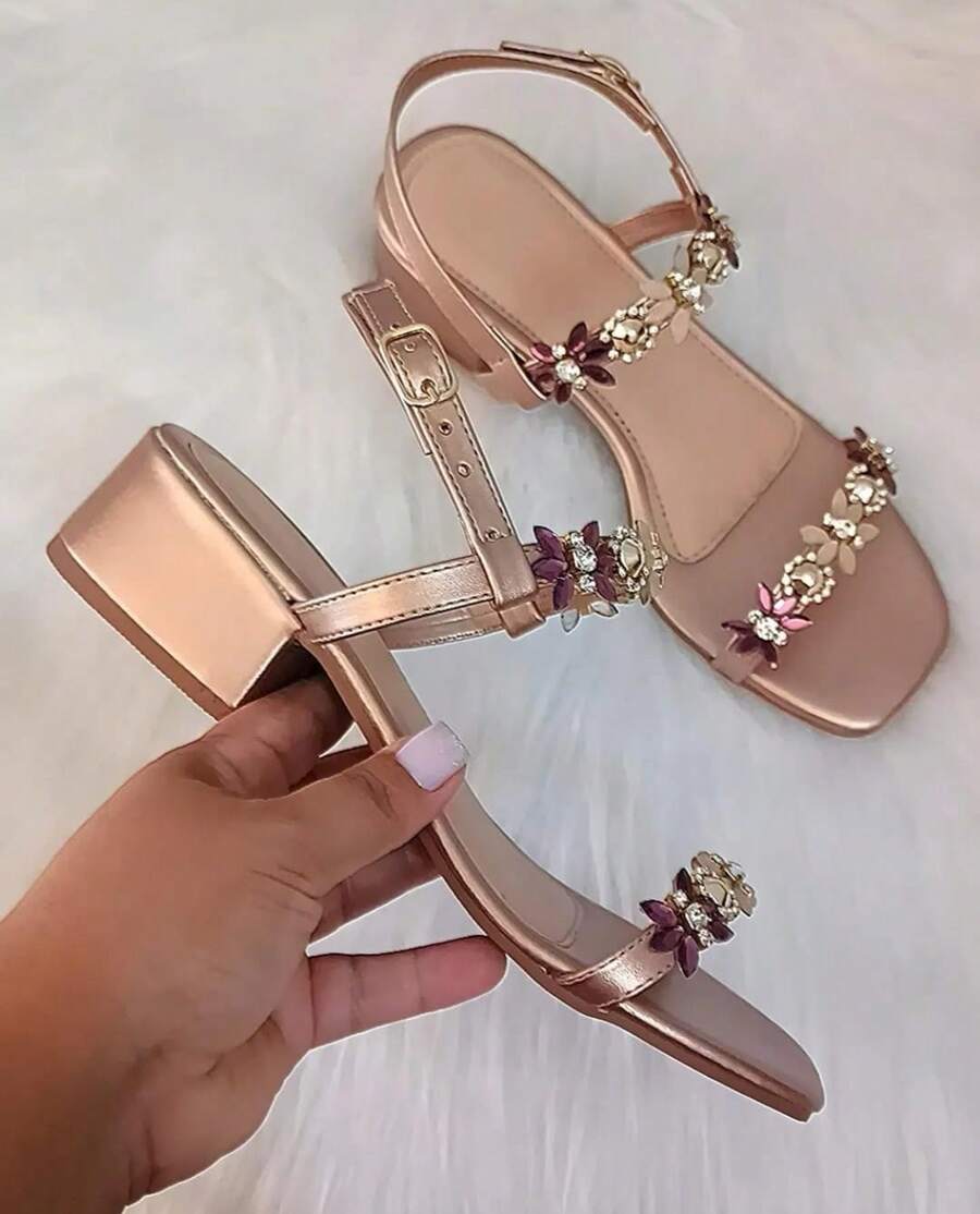 Women's Sandal With Low Block Heel, Thick, Comfortable, With Rhinestones, Casual, Women's - Copper - View 1