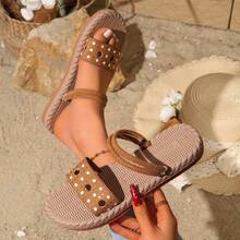 少女时尚简约新款平底凉鞋，软底轻便夏季百搭沙滩拖鞋 - 棕色 - 查看 5