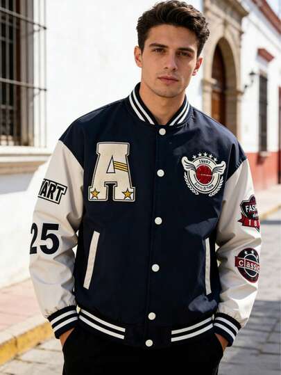 Chaqueta de béisbol universitaria de manga larga con estampado de letras y parches, estilo grunge y calle para hombre, ideal para otoño e invierno