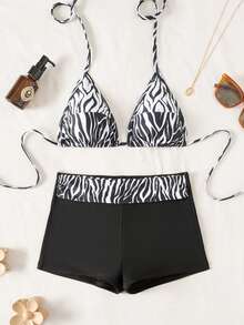 Bộ bikini hai mảnh in họa tiết toàn thân dành cho nữ, thích hợp cho kỳ nghỉ hè ở bãi biển, gồm áo hai dây và quần short. - Đen và trắng - Xem 4