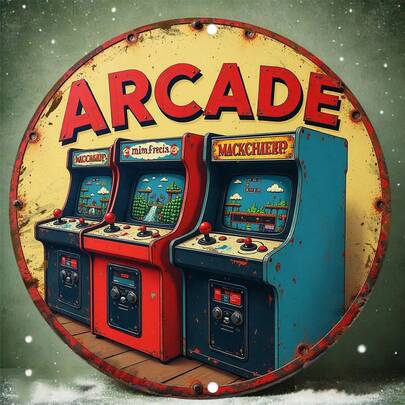 1 件 2D 复古街机游戏主题墙饰 - 8 英寸 x 8 英寸复古木质牌匾，印有经典街机游戏图案，经久耐用，适用于家居、办公室、酒吧、咖啡馆、车库等场所的墙面装饰 - 是游戏玩家和复古爱好者的完美礼物，可用于游戏室装饰、咖啡馆装饰，做旧效果，2D 平面设计，家居装饰，收藏品，预留孔位如图所示