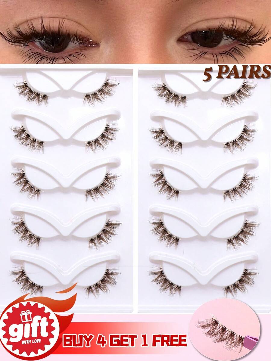 Ayrmilla 5 Pasang Ekstensi Bulu Mata Setengah Cokelat, Bulu Mata Setengah Panjang Sudut Luar Mata Fox Eye, Batang Transparan Alami dan Lembut, Dapat Digunakan Kembali, Cocok untuk Riasan Sehari-hari, Beli 4 Gratis 1 - Coklat - View 1