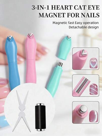 Juego de 3 en 1 de bolígrafo magnético con forma de corazón para arte de uñas, herramienta magnética profesional de esmalte de gel con ojos de gato con cabezales magnéticos duales para efectos de corazón, línea y redondos, ayudante de diseño de punta francesa, imán de uñas para magnetización rápida y creación de patrones instantáneos, ideal para manicura en el hogar, salón de uñas y diseños de arte de uñas DIY, herramienta fácil de usar para principiantes y técnicos de arte de uñas, accesorios creativos para uñas, regalo perfecto para el Día de San Valentín, Navidad y amantes de la belleza