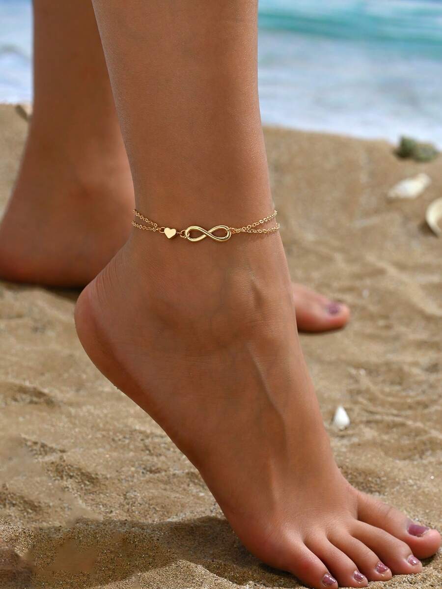 1pc Fashionable Double-Layer Limitless Heart Anklet, Delicate Beach Bracelet Anklet For Girls - Gold - View 1