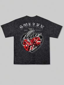 Fractyr Men's Fashionable Casual Street Rock Rap Style Loose Fit Short Sleeve T-Shirt | Gothic Cherry Dice Print | Exquisite Design | Essential For Spring/Summer | Retro Style | Versatile & Easy To Wear | Washed Fabric | Perfect Gift For Friends | Showcase Unique Personality - Black - View 2