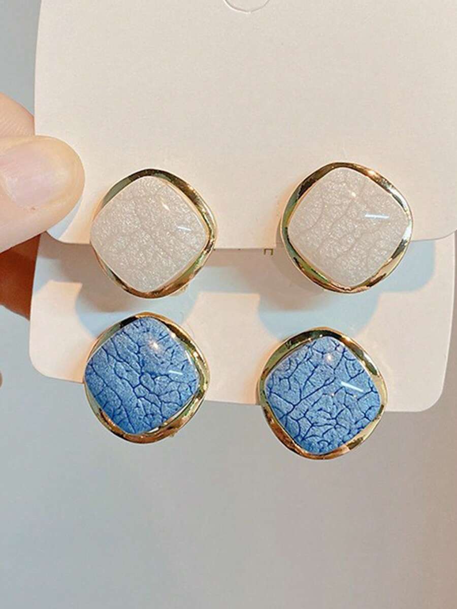 1对极简几何方形碎冰纹理耳环，别致法式个性百搭耳环 - 彩色 - 查看 1