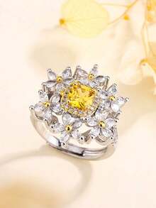 Nhẫn thời trang hình hoa rỗng bốn chấu vuông màu vàng đính đá Cubic Zirconia tổng hợp, thiết kế mở có thể điều chỉnh, quà tặng đính hôn cho nữ. - trắng - Xem 2