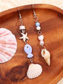 1 Pair Fashionable & Cute Asymmetric Beaded Earrings With Ocean Elements Like Fish, Seashell, Starfish, Suitable For Daily Wear, Holidays, Beach Vacation - Multicolor - View 3