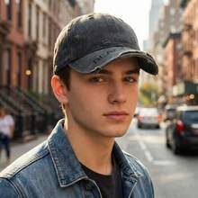 1pc Spring/Autumn New Distressed Brim High Street American Baseball Cap, Niche Fashion Versatile Sun-Shading Soft Top Baseball Hat - A - View 1