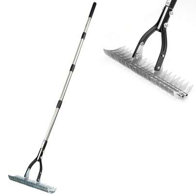 Crystals Stainless Steel Thatch Rake Curved Teeth Lawn Rake Adjustable Garden Tool