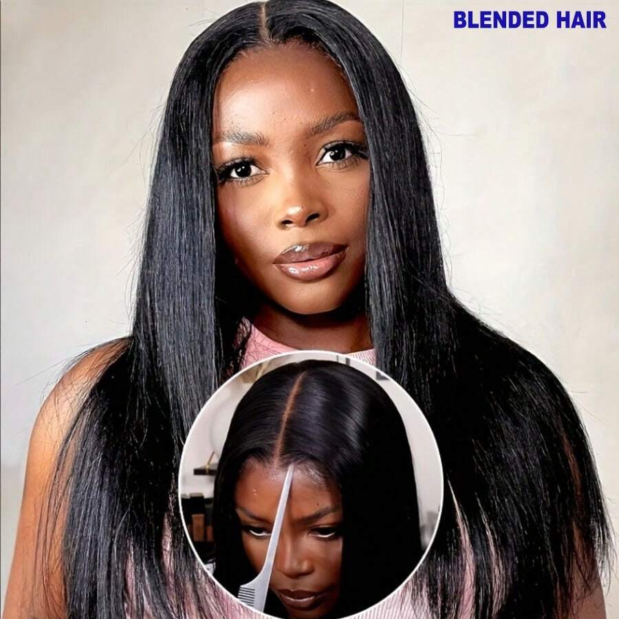 باروكة شعر بشري مخلوطة بكثافة 200% ، لون طبيعي ، شعر مستقيم ، خط الشعر مشذب مسبقًا والشعر الناعم ، جاهزة للارتداء فورًا دون استخدام الغراء ، مقاسات متعددة مثالية للنساء في عيد الحب - 5*5 دانتيل خالي من الغراء و 13*4 دانتيل HD - طبيعي وأسود - مشاهدة 1