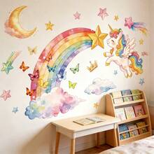 Magical Unicorn Rainbow Wall Sticker Set, Flying Unicorn Star Moon Cloud Butterfly Wall Decals, Waterproof Self-Adhesive Bathroom Decor Stickers, Wall Art Decor For Girls Room, Nursery - T3384 - View 5