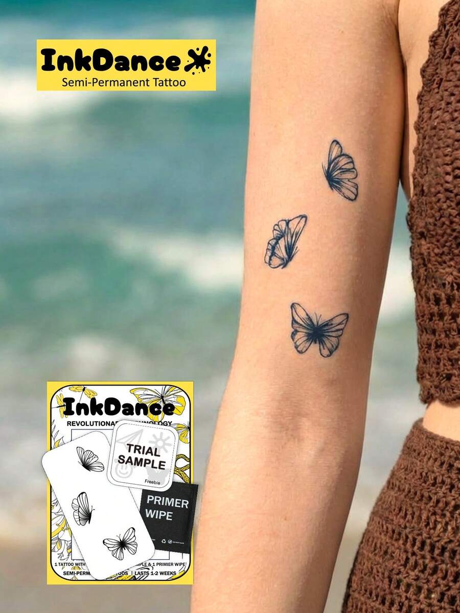 1套“蝴蝶”科技纹身贴纸，半永久纹身贴纸，Noir Flight系列，临时纹身贴纸，持久耐用，防水，逼真纹身效果，植物基X259 - 黑色 - 查看 1