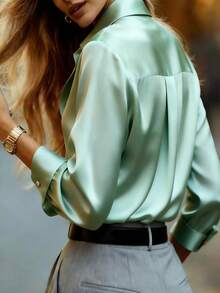 Blusa de ajuste regular con cuello de camisa, manga larga y botones delanteros de tela tejida para mujer - Verde - Ver 5