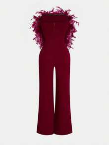 GLOURI Women's  Elegant Burgundy Feather Trim Jumpsuit - Sleeveless Wide Leg Romper With Metallic Belt & Shoulder Detail | Christmas Party & Formal One-Piece For Galas, Weddings & Holiday Events - 酒紅色 - 查看 3