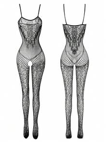 Sexy Lingerie Jumpsuit, Hollow Out Spaghetti Strap Jumpsuit, Women's Tight Jumpsuit - Black - View 6