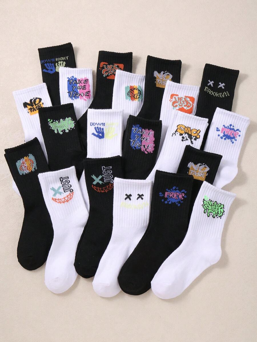 10/20 Pairs Of Unisex Y2K Streetwear Graffiti Print Mid-Calf Socks, Hip-Hop And Skateboarding Back-To-School Season Couple Socks For Daily Wear - Multicolor - View 1