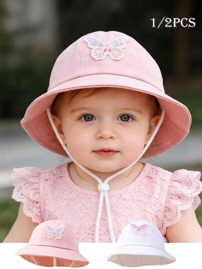1/2pcs Baby Girls 0-3 Years Old Sun Protection Bucket Hat, Infant Summer Sunscreen Wide Brim Hat, Baby Girls Spring/Summer/Autumn Rhinestone Butterfly Decor Bucket Hat