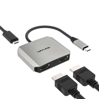 USB-C 转双 4K HDMI 适配器，Thunderbolt 3/4 扩展坞，支持 87W PD 快充，铝制双显示器适配器，支持连接两台显示器，HDMI 分配器可扩展显示，支持 4K@60Hz 即插即用，银色