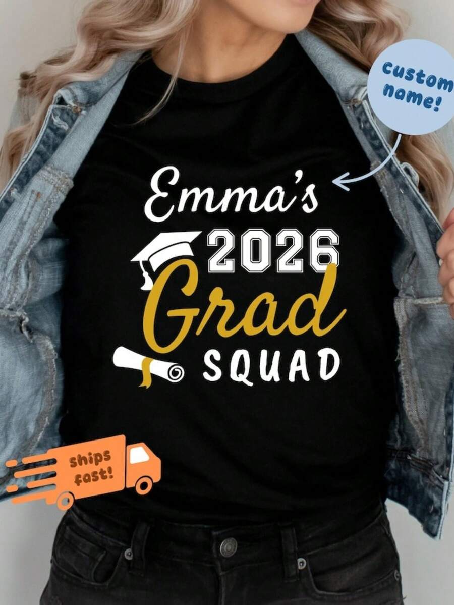 1pc Custom Graduation Squad Shirt, Personalized Senior 2026 Tee - màu đen - Xem 1