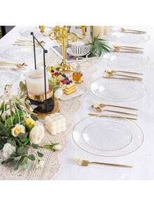 50pcs/Set Transparent Gold Rim Hammered Round Plates, 10.25 Inch Large Plate, 7.5 Inch Plate, Reusable And Easy To Clean Lovely Dinnerware, Suitable For Weddings, Birthday Parties, Family Gatherings, Outdoor Team Building, Schools, Back To School Events - View 3