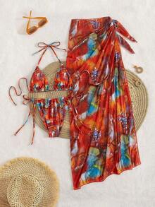 3pcs Women's Sexy Floral Print Bikini Set With Tie-Up Back And Mesh Skirt, Summer - Nhiều màu - Xem 4