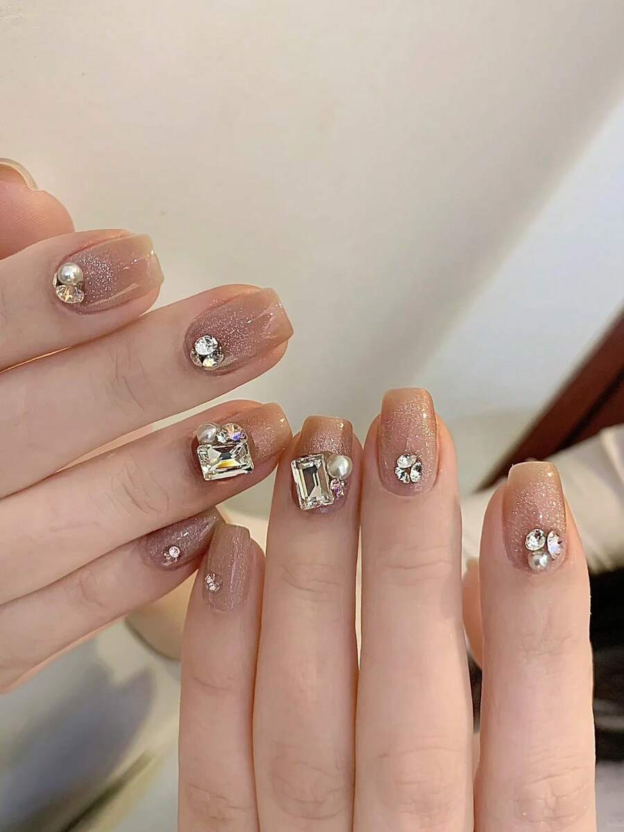 24pcs Nude Square Sweet Rhinestone & Pearl Full Cover False Nails, Suitable For Party, Date And Daily Wear, Nail Supplies - Multicolor - View 1