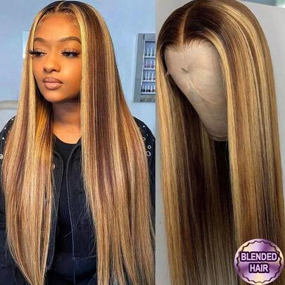 Peluca de encaje frontal completo de 13x6 y 13x4 con densidad del 200%, cabello mezclado, nudos decolorados y pre-arrancados, cabello liso mezclado, peluca de 5x5 sin pegamento lista para usar, con cabello bebé, de 28 pulgadas, con encaje frontal HD pre-arrancado, tono #4/27 con reflejos