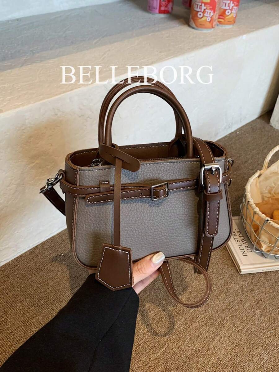 Casual Colorblock Textured Versatile Commute Vintage Canvas Strap Buckle Women's Small Handheld Square Bag - Grey - View 1