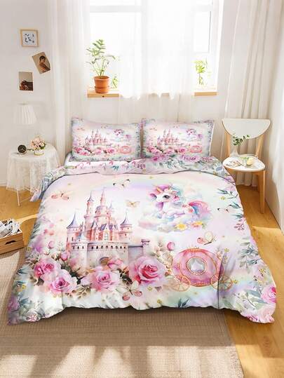 2/3件套粉色独角兽印花被套套装 - 梦幻独角兽与彩虹城堡图案床上用品套装，特大号、大号、双人床、加大双人床尺寸可选，卡通斜纹被套，适合儿童、青少年、成人、男孩和女孩，卧室适用