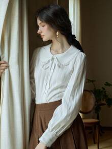 Women's Rayon Peter Pan Collar Long Sleeve Blouse With Tie Detail, Regular Length Top - White - View 8