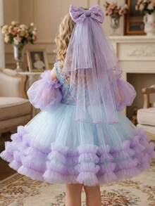 Baby Girls' Polka Dot Puff Sleeve Bow Tulle Purple Wedding Party Dress, Elegant Princess Dress Suitable For Girls' Birthday, Anniversary, Party, Banquet, Prom, Holiday Celebration, Comes With Headpiece - Purple - View 6