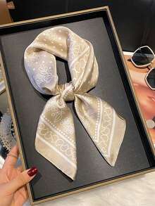 1pc Cherry Blossom, Leaf & Polka Dot Printed 70cm Small Square Scarf, Versatile Necktie/Headband - Multicolor - View 7