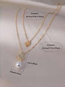 1件叶形仿珍珠几何双层项链，优雅复古风格女士颈链，音乐节/生日/情人节礼物，宰牲节礼物 - 金色2 - 查看 3