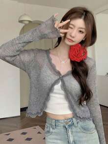 女士蓝色蕾丝边V领罩衫，可爱返校夏季轻薄披肩外套 - 深灰色 - 查看 3