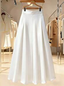 A Lady's A-Line, Long-Sleeved, Satin-Textured Semi-Sheath Skirt In An Elegant Taffeta Fabric, Off-White Color, Suitable For Casual Wear. - White - View 2