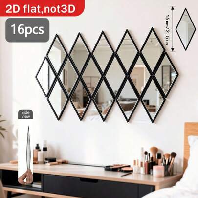 16pcs Geometric Mosaic Wall Hanging Mirror | High Definition Artistic Shaped Wall Mirror, Suitable For Living Room, Bedroom And Bathroom Decor, Home Decor/Gift Choice, Plastic Frame, Painted Edges.