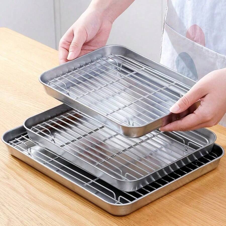 Stainless Steel Baking Tray And Rack Set - Multi-Functional Oven Baking Tray With Cooling Rack, Baking Tray Set, , Easy To Clean - Stainless Steel Flat Baking Tray, Grill Baking Tray, Grill Rack Baking Tray, Oven- Grill Baking Tray