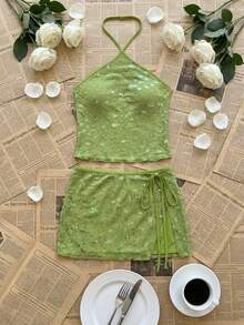Women's 2 Piece Set Halter Neck Sequin Crop Top & Wrap Mini Skirt Set In Lime Green,Summer Outfits - Green - View 4