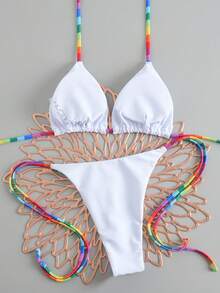 Two-Tone Patchwork Thong Bikini Set, Beach Vacation Party Swimwear - Mix - View 4