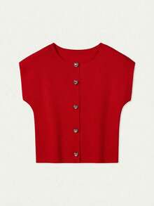 Camiseta sin mangas de punto para mujer, nueva colección primavera/verano, de estilo minimalista y elegante, con cuello redondo, diseño sin mangas, decoración con botón con forma de corazón, top corto y ajustado en color rosa, adecuado para uso casual, trabajo, viajes, citas, ceremonias de graduación y fiestas - Rojo - Ver 10