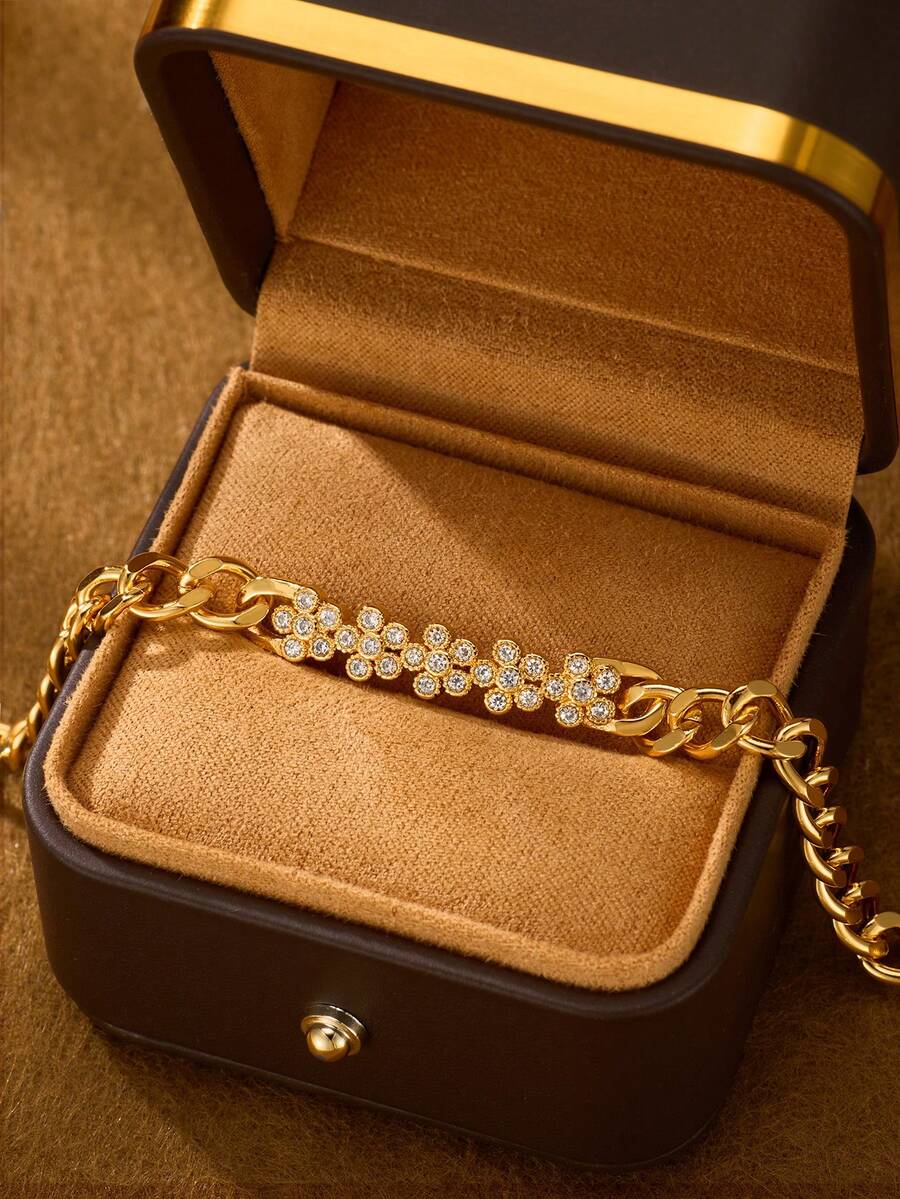 1 Piece Fashion Classic Shiny Plated 18k Gold Five Flower-Patterned Zirconia Inlaid Bracelets, Suitable For Women's Daily Wear , Excluding Box - Five Flower Bracelet - View 1